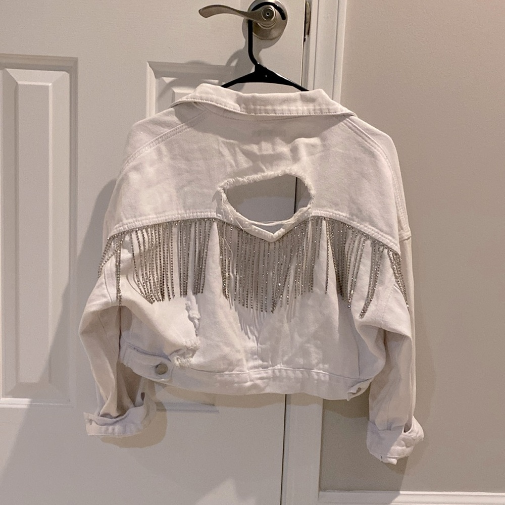 Blinged cropped white jeans jacket